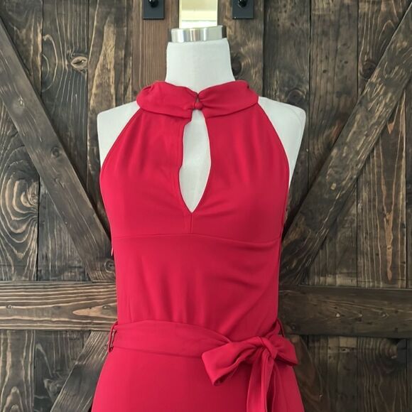 JASAMBAC Elegant Criss Cross Halter Neck Ruffle Hem Belted Bodycon Dress - Picture 6 of 14